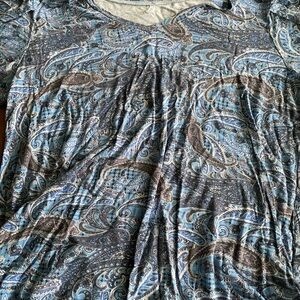 Blue and Gray Ruched Blouse with Swirling Pattern